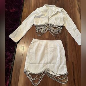 Sexy 2 piece white rhinestone cropped blazer and matching mini skirt